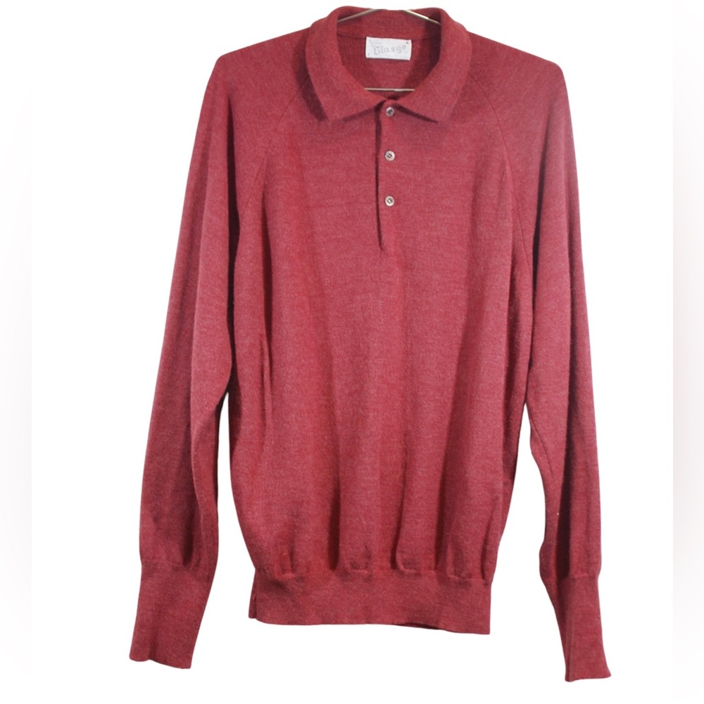 Glasgo Knitwear Mens Red Pink Knit Orlon Acrylic Polo Vintage L Large